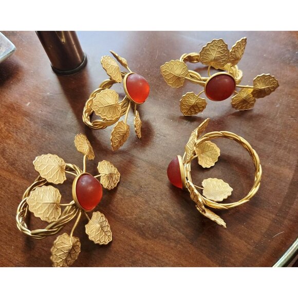 Gold Leaves & Amber Gemstone Napkin Rings Set of 4 - Picture 2 of 3